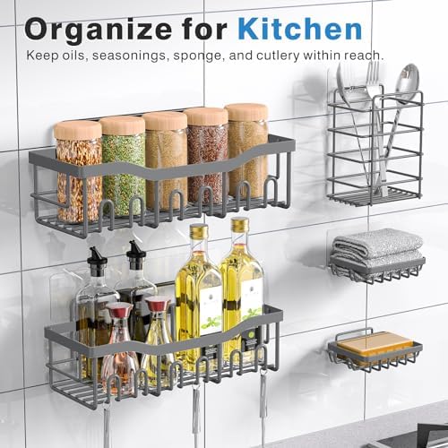 Shower Caddy 5 Pack,Adhesive Shower Organizer for Bathroom Storage&Home Decor&Kitchen,No Drilling,Large Capacity,Rustproof Stainless Steel Bathroom Organizer,Shower Shelves for Inside Shower-Larger - Image 6