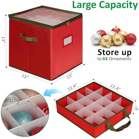 Christmas Ornament Storage Box, Clear Ornament Storage Include 4 Trays with Adjustable Dividers, Ornament Organizer with Handle Store Up to 64 Holiday Ornaments, Clear Top - Image 4
