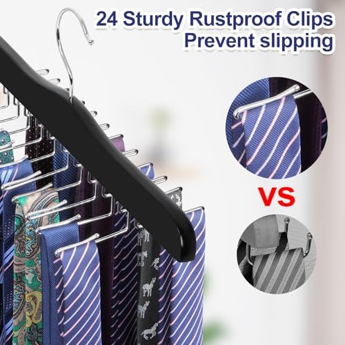 TOPIA HANGER Tie Rack Hanger for Closet 2 Packs, Wooden Tie Organizer for Men with 24 Folding Hooks, Space Saving Necktie Holder for Storage and Display Bra, Tank Top, Camisole (Black) - CT14B-2 - Image 2