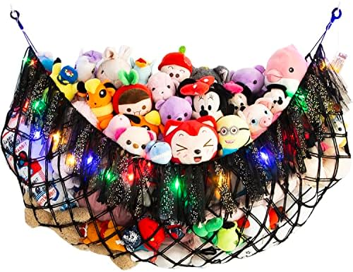 Large Stuffed Animal Hammock with Light Wall Mounted- Squishmallow Hammock Plushies Net Stuff Toy Organizer Boho Macrame Toy Hammock Corner Hanging Net for Nursery Storage Bedroom Playroom Decor-Black by Amdermi