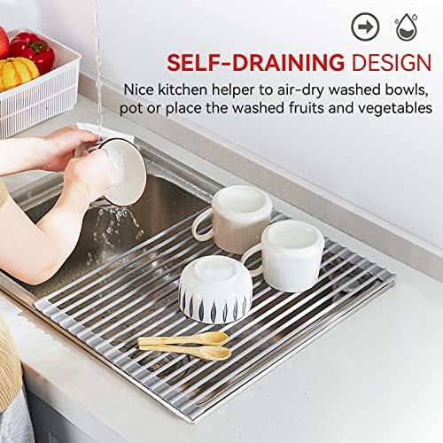 MERRYBOX Roll Up Dish Drying Rack, Over The Sink Dish Rack Foldable, Heat-Resistant, Anti-Slip Silicone Coated Steel Dish Drainer for Kitchen Sink, Multipurpose Roll Up Sink Drying Rack, 17.5" x 13" - Image 3