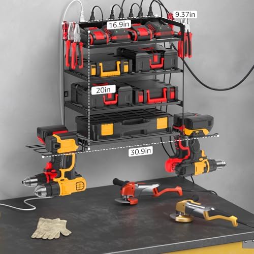 CCCEI Garage Tools Storage with Charging Station. Power Tool Battery Organizer Utility Shelf with Power Strip. 4 Drills Holder Wall Mount Rack, Black 4 Layer. - Image 6