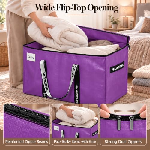 Heavy Duty Moving Bags 97L - Extra Large Storage Bags with Strong Zipper & Comfortable Handles, Packing Boxes for Moving House, College Dorm, 4 Pack, Purple, Virgin PE Material - Image 3