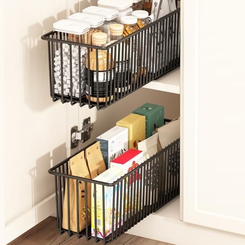 Pull Out Cabinet Organizers 2 Pack, Black Metal Storage Basket by Halyuhn
