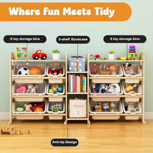 Toy Storage Organizer, 59.6" W White 5-Shelf Bookcase/Bookshelf with 12 Toy Bins, Large Toy Organizers and Storage, Toy Box for Playrooms, Bedrooms Organization - Image 2