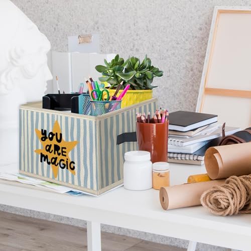 Boho Nursery Foldable Storage Bins Box with Handles, You Are Magic Retro Blue Striped Collapsible Toys Books Clothes Organizer Basket for Kids Nursery Room Bedroom Bathroom Classroom - Image 3