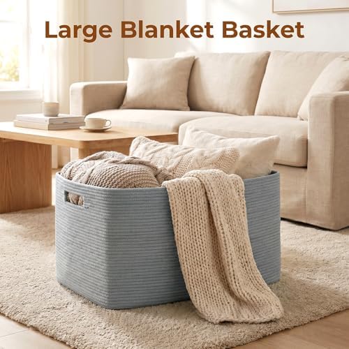 OIAHOMY 75L Large Blanket Basket Woven Storage Basket with Handle Grey - Image 2