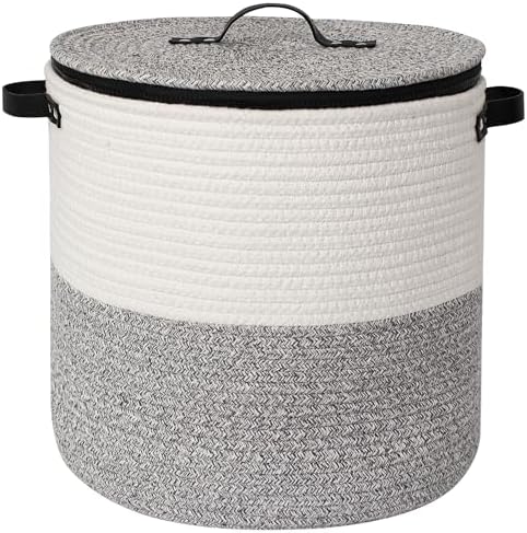 Storage Basket with Lid, 15"x13" Round Woven Blanket Storage for Living Room, Soft Cotton Rope Bin with Zipper Top, Shoe Basket with Lid for Entryway, Floor Kids Dog Toy Bin Box with Cover by Unknown