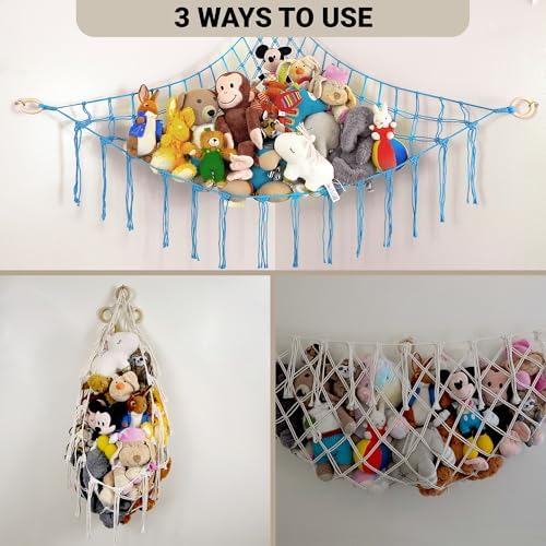 ABBY BABY Large Stuffed Animal Hammock Corner - Stuffed Animal Storage - 100% Natural Cotton Macrame Stuffed Animal Net - Stuff Animal Organizer - Net For Stuffed Animals Corner Large-Blue - Image 5
