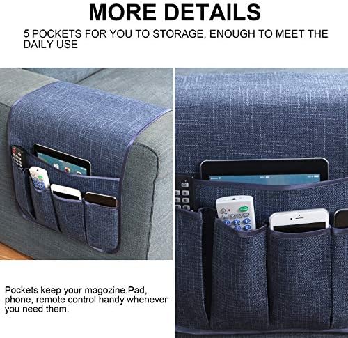 Sofa Armrest Organizer Non-Slip Remote Control Holders for Recliner Couch Chair Armchair Caddy with 5 Pockets for Table,Cell Phone,Ipad,Magazines,Books (Navyblue, 13 x 35 Inch) (Pack of 2) - Image 2