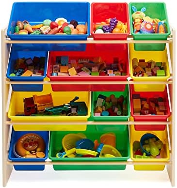 Amazon Basics Kids Toy Storage Organizer With 12 Plastic Bins, Natural Wood, Multicolor, for Bedroom and Playroom, 33.85"D x 12.79"W x 35.42"H - Image 4
