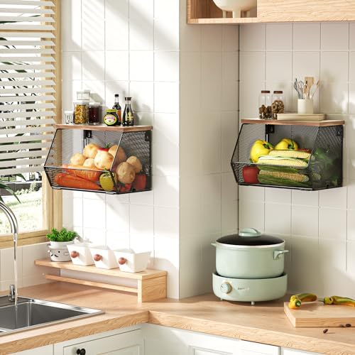 Litwaro Fruit Basket Wire Baskets with Wood Lid, Wall Mounted Produce Basket for Snack, Fruit and Vegetable Storage, Countertop Onion and Potato Storage, 3 Pack Stackable Kitchen Counter Organizer - Image 7