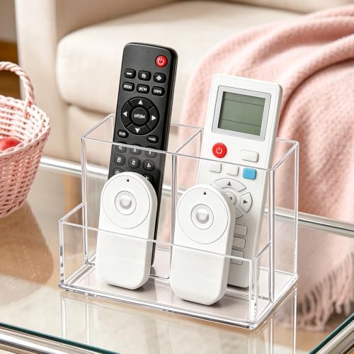 Vowcarol Clear Acrylic Remote Control Holder, 3 Compartments (2 Tall + 1 Low), Small Footprint, Tabletop Storage for TV, AC & Small Items - Image 3
