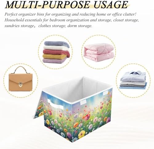 Colorful Flowers Storage Bins with Lids and Carrying Handle,Foldable Storage Boxes Organizer Containers Baskets Cube with Cover for Home Bedroom Closet Office - Image 7