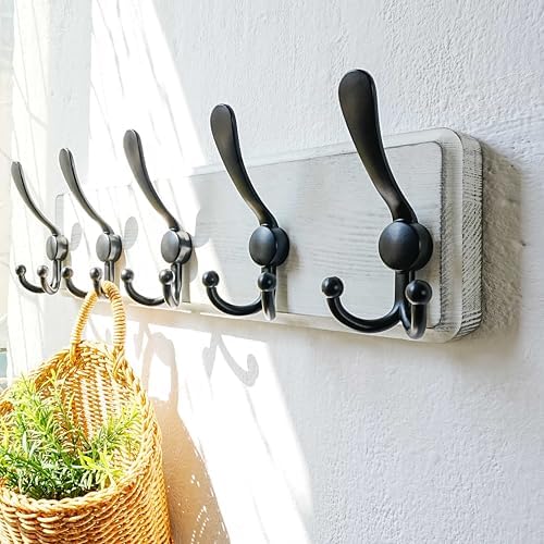 Dseap Coat Rack Wall Mounted - 5 Tri Hooks, Heavy Duty, Wooden Wall Coat Hanger Coat Hook for Clothes Hat Jacket Clothing, White & Black - Image 6
