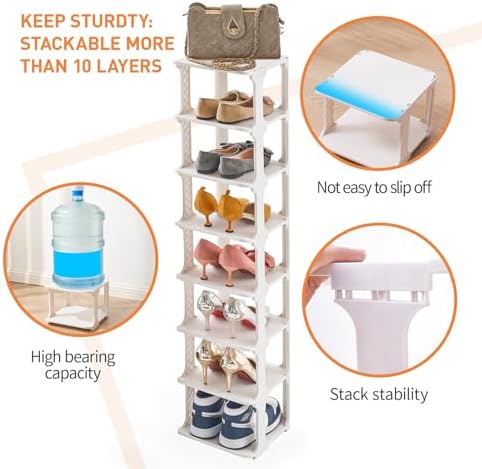 5 Tiers Vertical Shoe Rack, Narrow Free Standing Shoe Storage Organizer for Entryway and Small Closet, Stackable Shoe Holder Shelf Stability DIY, Beige - Image 3