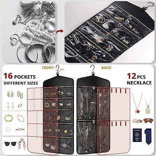 CHICECO Travel Jewelry Holder Organizer,Hanging Jewelry Organizer Storage with Zippered Pockets for Cloest,Jewelry Holder for Earrings, Necklaces（Black） - Image 2