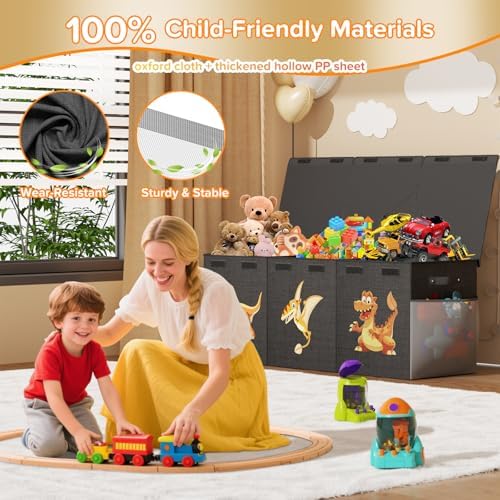 Extra Large Toy Box Chest, Collapsible Sturdy Toy Storage Organizer Boxes Bins Baskets Dinosaur Kids Toy Chest Bin with Lids for Boys Girls Living Room Playroom Bedroom Nursery 41"x14"x16" Black - Image 3
