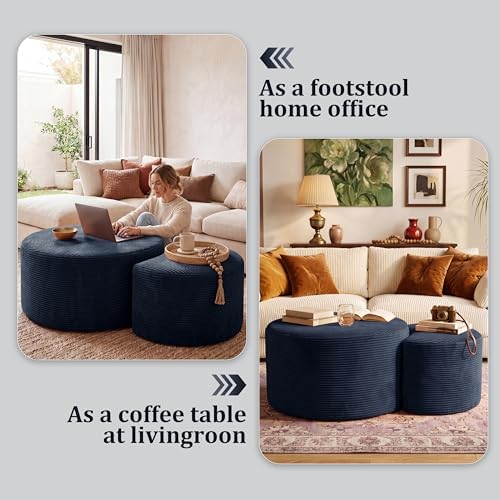 BSHOMGI Nesting Coffee Table Set of 2,Corduroy Ottoman Soft Foot Rest Movable LargePouf Footstool for Living Room Sofa Couch Bedroom Entryway and Small Spaces No Assembly (Blue, 32"+17") - Image 5
