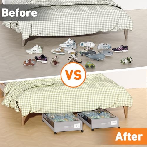 Under Bed Storage with Wheels, 2 Pack Under Bed Storage Containers with Clear Lids, XXL 65L Under Bed Storage Organizer, Rolling Under Bed Metal Drawer for Blanket, Clothes, Shoes (31 x 17 x 6.69 in) - Image 6
