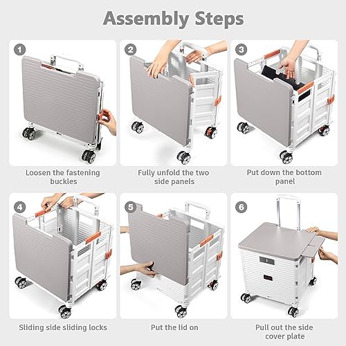 Foldable Utility Cart Collapsible Portable Crate Rolling Carts with Wheels Tote Basket with Magnetic Lid Telescopic Cover Wear-Resistant 360°Rotate Wheel Noiseless for Shopping Storage Office Use - Image 5