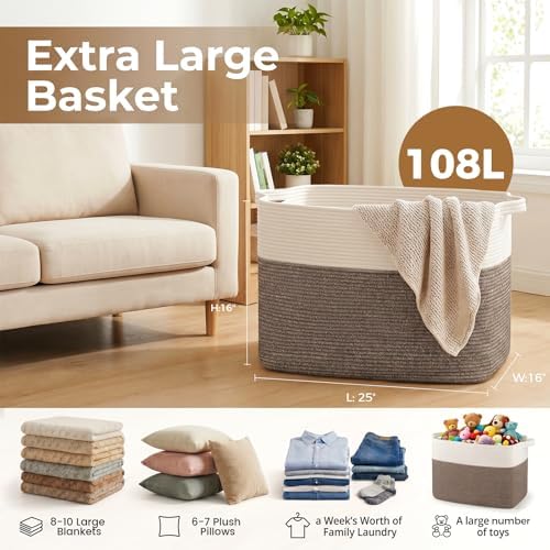 OIASKET 108L Cotton Rope Storage Basket for Living Room and Bedroom 25"x16"x16" Woven Laundry Basket, Heavy Duty Bin for Blankets, Pillows & Toys, Pet-Safe & Scratch-Free, Dark Brown and White - Image 2