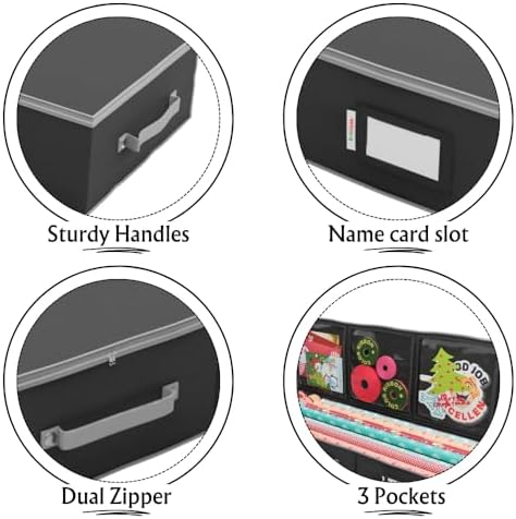 Wrapping Paper Storage Container | Gift Wrap Organizer Under Bed | 41”x14”x6” | Box Holder for 18-24 Rolls Up to 40” | 600D Oxford Material | Pockets for Ribbon, Bows, and Accessories (Black) - Image 3