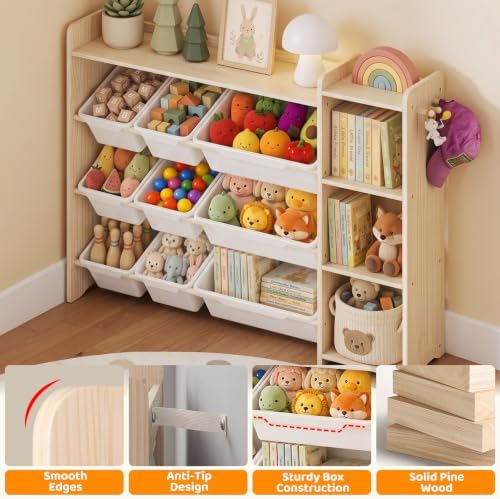 GITAWUSA Kids Bookshelf & Toy Organizer, 3-Tier Shelf/9 Bins, Natural, Pine - Image 4