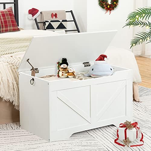 HOOBRO Storage Bench, 29.5” Retro Wooden Storage Chest with U-Shaped Cut-Out Pull, Safety Hinge, Supports 330 lb and Easy Assembly for Toy Box Organizer (White) WT77CW01G1 - Image 2