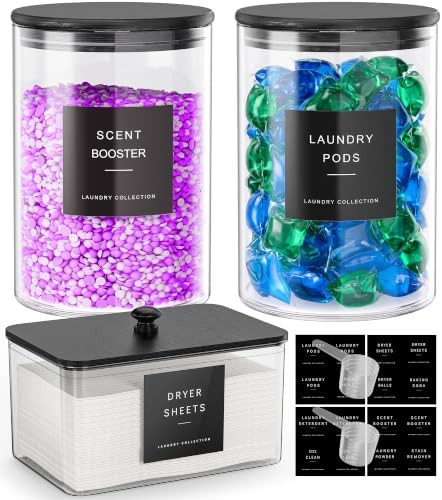 2+1 Glass Laundry Pods Container, Clear Laundry Room Organization Containers Essentials, Large Detergent Powder Storage Containers Black Lids & Labels Signs with Dry Sheet Holder by MOFOROCO