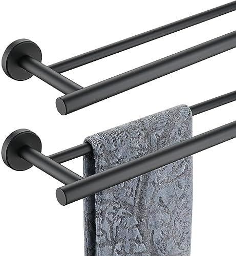 JQK Double Towel Bar 27 Inch, Matte Black Useable Length 24 Inch 304 Stainless Steel Thicken 0.8mm Bath Towel Rack for Bathroom, Towel Holder Wall Mount 2 Pack, TB100L24-PB-P2 by Homeimprovement