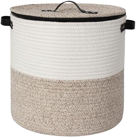 Storage Basket with Lid, 15"x13" Round Woven Blanket Storage for Living Room, Decorative Cotton Rope Hamper with Zipper Top, Wicker Basket with Lid, Floor Covered Kids Dog Toy Bin by Unknown