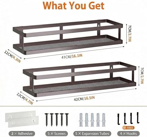 PUSDON 2-Pack 16.5" Extra Long Slim Shower Caddy, Adhesive Wall Mount Bathroom Organizer, Rustproof Open Frame Mesh Spice Rack for Kitchen, Holds 50LBS - Vintage Bronze, Guardrail - Image 2