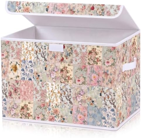 Briwooody Vintage Floral Storage Bin with Lid and Carrying Handle Retro Flower Foldable Storage Box Large Farmhouse Decorative Collapsible Container Basket for Organizing Closet Home Bedroom Gift by Briwooody