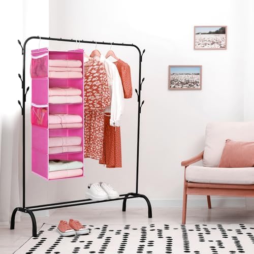 MAX Houser 5-Shelf Hanging Closet Organizer, Hanging Storage Shelves with 4 Side Pockets Space-Saving for Bedroom, Foldable (Pink) - Image 2