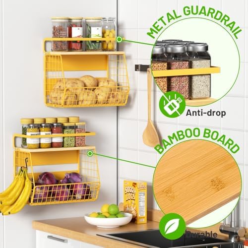 Magnetic Shelf for Fridge with Wood Lid, Fruit Potato and Onion Storage Bins, Pantry Organizers & Storage, Large Container Magnetic Spice Rack for Refrigerator, Kitchen Counter, Cabinet (Yellow, 1) - Image 2