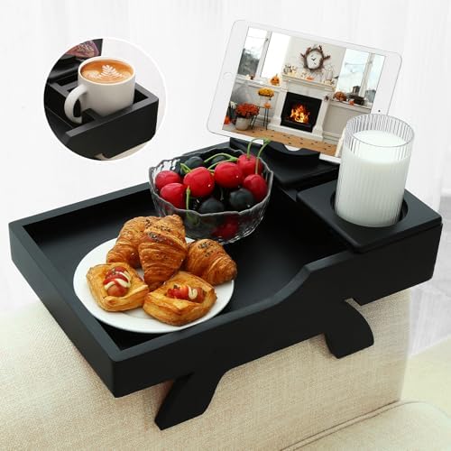 GHKINMAL Couch Cup Holder Tray, 15.4"x9.9" Large 4 in 1 Couch Arm Tray with 360°Rotated Phone Holder, Non-Slip Clip on Side Table for Drinks/Remote/Snacks, Ideal Gift for Husband, Wife, Parents by GHKINMAL