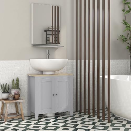 kleankin Pedestal Sink Storage Cabinet Under Sink Cabinet U-Shape Gray - Image 2