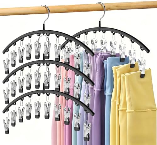 Legging Organizer for Closet, Metal Yoga Pants Hangers 4 Pack w/10 Clips Holds 40 Leggings, Space Saving Hanging Closet Organizer w/Rubber Coated Closet Organizers and Storage, Black by Volnamal
