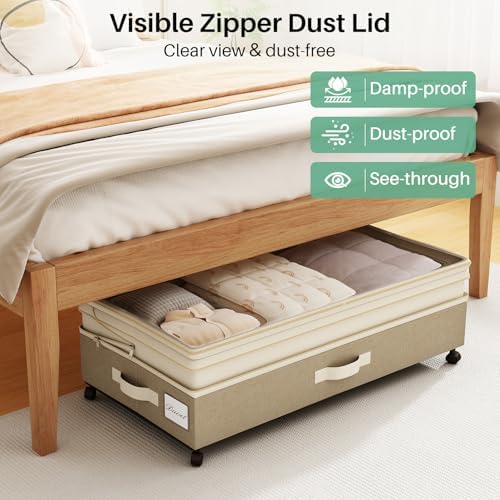 Kitstorack 4 Pack Height-adjustable Under Bed Storage with Wheels, Under Bed Storage Containers,Under Bed Shoe Storage Organizer with Clear Window&Label, Suitable for Clothes Storage, Beige & Linen - Image 5