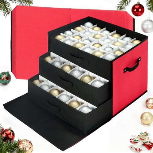 inin Christmas Ornament Storage Box with Adjustable Dividers,Stackable Drawer Ornament Organizers,Ornaments Storage Container Bin with Lid for Xmas Decorations (72 Ball, Red, with Removable Tray) by Unknown