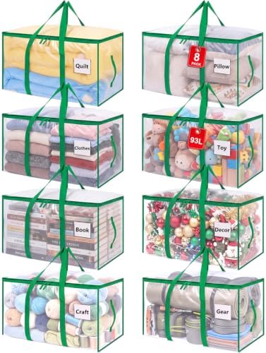 8 Pack 93L Extra Large Heavy Duty Clear Moving Bags 200LBS, Green Edges by Dntorx