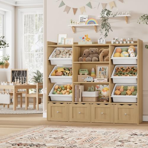 HITHOS 55"W Kids Toy Storage Organizer with 10 Toy Box & Bookshelf, Natural by HITHOS