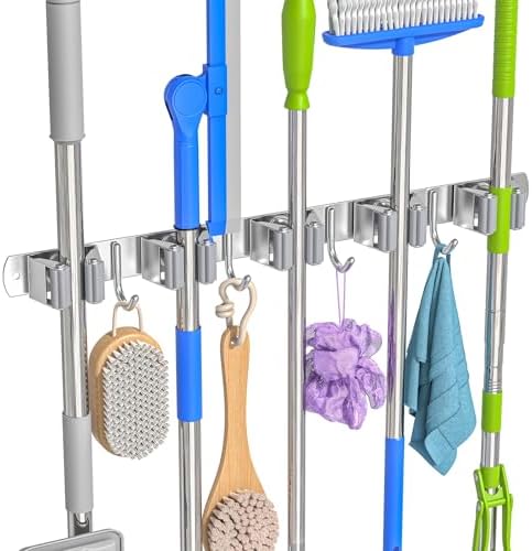 Broom Holder Wall Mount Mop Organizer, 5 Racks 4 Hooks by Unknown