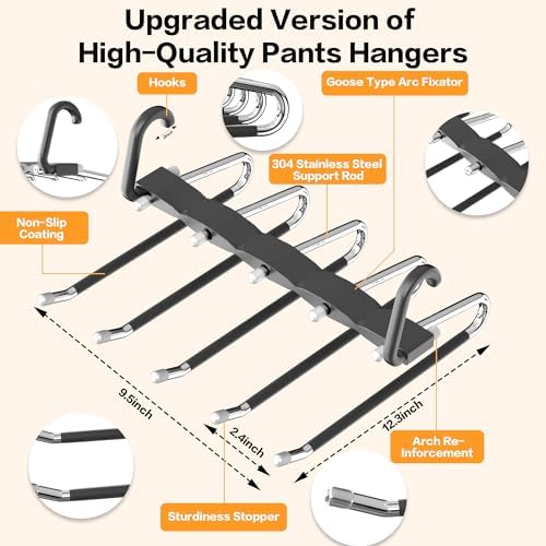 Pants Hangers Space Saving - 2 Pack Closet Organizer and Storage Jean Hangers, Stainless Steel Anti-Slip Clothes Hanger Scarf Holder for Pants Jeans Leggings Trousers Pant Rack, Black - Image 5