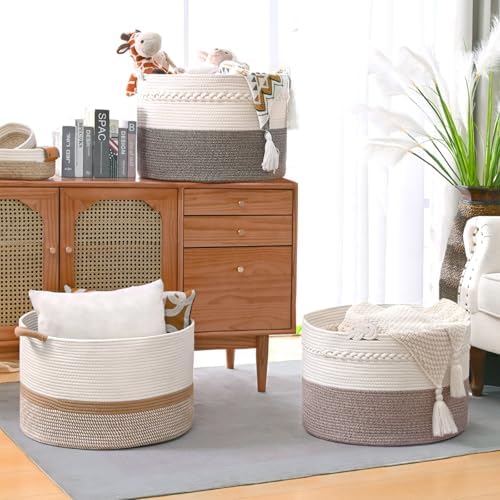 67L Large Blanket Basket, 20"x13" Woven Storage Baskets With Handle, Cotton Rope Blanket Basket Living Room, Baby Laundry hamper for Blanket, Nursery, Toy, Pillow (White & Brown) - Image 6