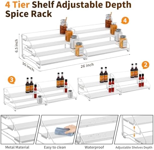 BOIVSHI Spice Organizer for Cabinet, Depth Adjustable Spice Rack, White - Image 4