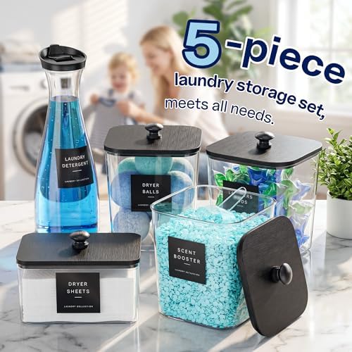 3+1+1 Pack Laundry Pods Containers & Dryer Sheet Holder & Laundry Detergent Dispenser, Laundry Room Organization and Storage with Wooden Lids, Labels and Scoops for Scent Booster, Powder, Laundry Pods - Image 5