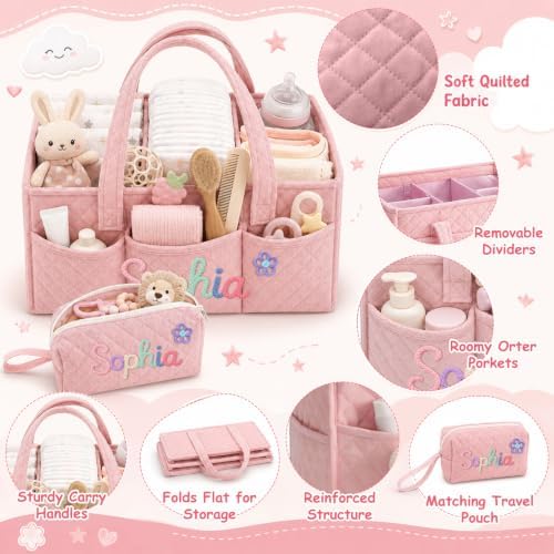 Personalized Diaper Caddy Organizer Baby Basket with Tote Bag Pouch - Image 7