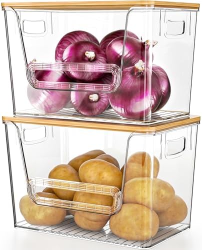 Delamu 2 Set Pantry Organizers and Storage, Trash Bag Holder Under Sink Organizer for 4-13 Gal Bags, Trash Bag Dispenser with Bamboo Top for Onion, Potato, Garlic, Clear (11-7/32"L*7" W*7-1/8"H) by DELAMU